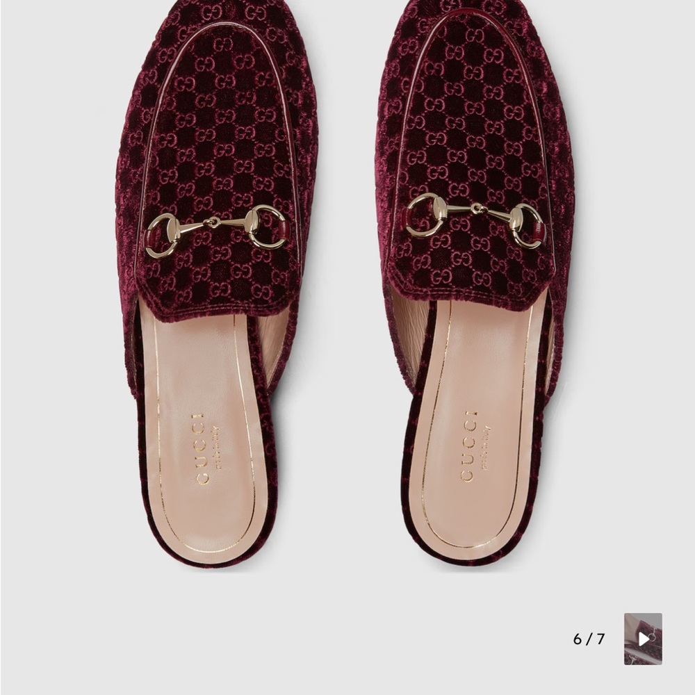 NEW with box Gucci Princetown slipper Maroon Canvas Mules with Gold Accents